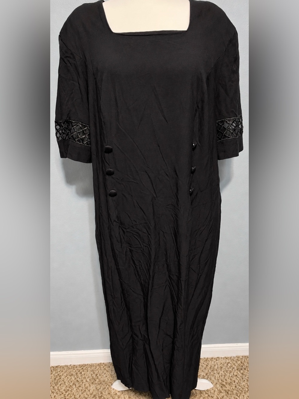 Vintage Impulsive Black Maxi Dress Lattice Sleeve Goth 90s Lagenlook Artsy XL